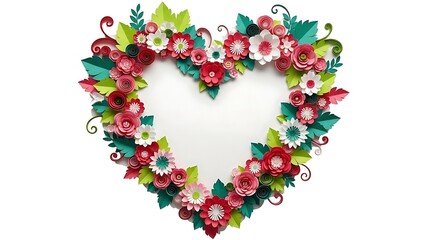 Obraz premium Heart-shaped frame decorated with paper flowers on white or transparent background. With shadow. AI GENERATED. 