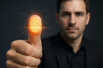 Man using fingerprint scan technology for identification and authentication in digital security concept on dark background with futuristic interface. Ai generative