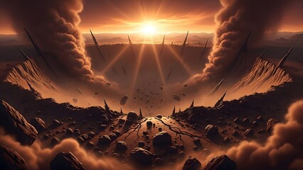 A dramatic volcanic landscape at sunrise with erupting volcanoes and rugged terrain surrounded by dense clouds