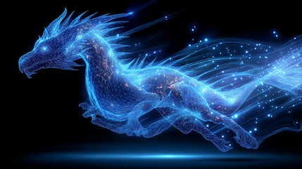 Blue hologram angry dragon made plasma clot of energy, glowing rays with flickering particles, lines and dots, tech futuristic dragon, science and technology, black background, wit