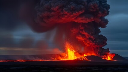 Volcanic eruption illuminates dark landscape with fiery lava and massive ash cloud