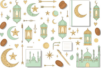 Ramadan sticker set illustration featuring lanterns moons stars dates mosque and stationery