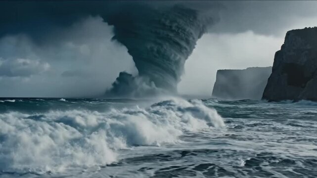 Epic cinematic shot of a massive swirling waterspout tornado storming the ocean near rocky cliffs