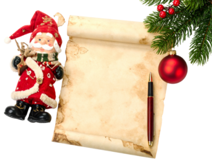Santa, scroll, ornament, pen, and pine branch for holiday greetings