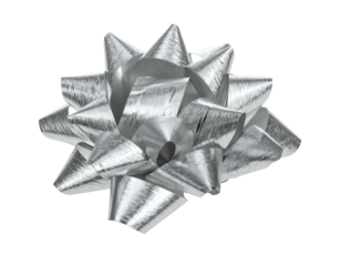 Shiny silver starburst gift bow on a black background