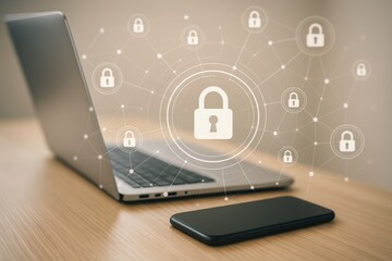Cybersecurity concept with digital padlock icons connecting over laptop and smartphone on wooden desk, symbolizing data protection technology. Ai generative