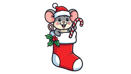 Cute mouse in Christmas stocking with candy cane and holly