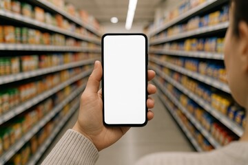 Person holding smartphone with blank white screen in grocery store aisle, concept of shopping technology and retail innovation in supermarkets. Ai generative