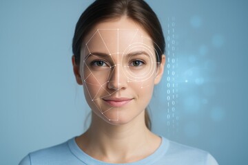 Facial recognition technology concept showing biometric scanning interface on young woman's face with digital data elements in futuristic style on blue. Ai generative