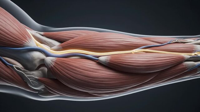 Anatomical illustration of pronator teres muscle and tendon with orbiting camera
