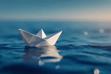 Obraz premium origami paper boat floating quietly in blue clear river or sea water under bright summer sky. Freedom, dreams and fantasies concept, copyspace background.
