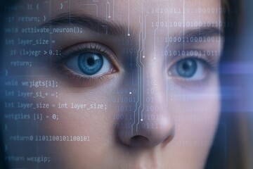 Close-up of woman's face with digital code overlay symbolizing artificial intelligence and neural network technology concept in futuristic interface design. Ai generative