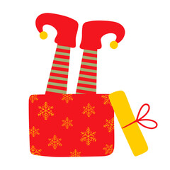 Christmas elf legs sticking out gift box