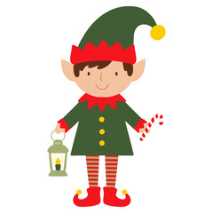 Christmas elf standing, holding lantern and candy cane