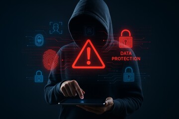 Hooded figure using tablet with digital warning symbols and data protection icons on dark background illustrating cybersecurity threat concept. Ai generative