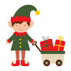 Christmas elf pulling wagon delivering holiday gifts