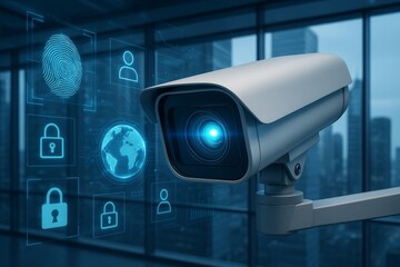 Surveillance camera with digital security interface and biometric technology icons in modern office environment, symbolizing data protection concept. Ai generative