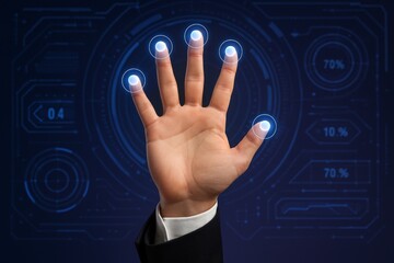 Human hand interacting with digital biometric fingerprint interface on futuristic virtual screen in technology security concept. Ai generative