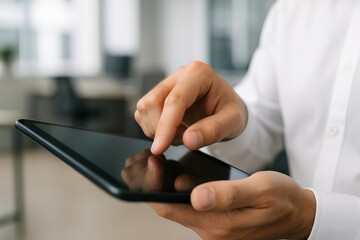 Close-up of male hands using digital tablet touchscreen in modern office environment, showcasing business technology concept and interaction focus. Ai generative