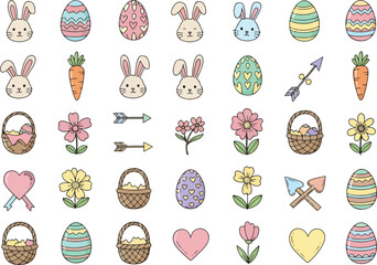 Seamless pattern featuring pastel Easter illustrations bunnies eggs carrots baskets flowers hearts and arrows