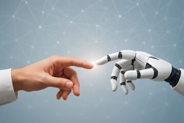 Human hand touching robotic hand with glowing fingertip on tech background, symbolizing human-AI connection and digital future concept. Ai generative