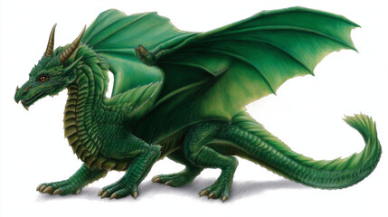 Obraz premium Drawing full length green dragon on white background, fantasy creature illustration, mythical beast artwork, dragon design, with copy space