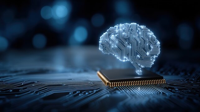 Abstract AI technology background with a glowing brain shape formed by circuit lines on a microchip. Concept of artificial intelligence, neural networks, data processing, innovation, and technology