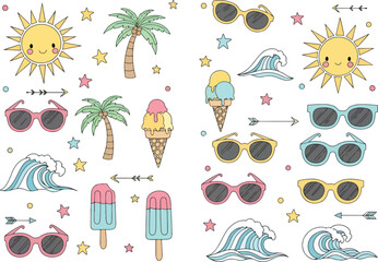 Seamless pattern of cartoon summer vacation icons sun palm trees ice cream sunglasses waves popsicles arrows stars dots