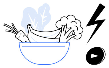 Healthy lifestyle, nutrition, energy, wellness, digital media, plant-based eating. Bowl with bananas, broccoli carrot and leafy greens alongside a lightning bolt and play button icon. Nutrition