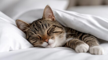 A peaceful cat sleeping soundly under a soft white blanket in a cozy setting. Relaxed and serene atmosphere.
