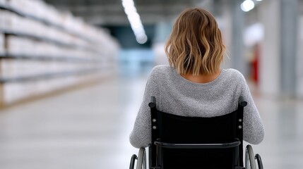 A woman in a wheelchair is seen from behind, navigating through a spacious warehouse aisle filled with shelves. Accessibility and independence.