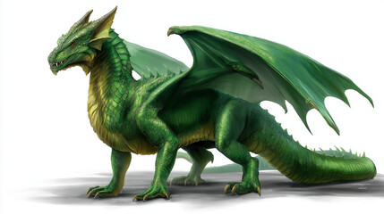 Obraz premium Drawing full length green dragon on white background, fantasy creature illustration, mythical beast artwork, dragon design, with copy space
