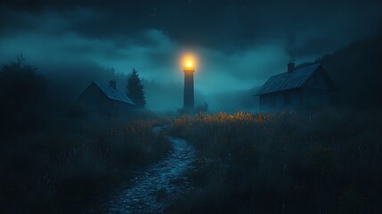 Mysterious lighthouse in foggy night landscape