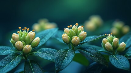 Closeup of pale yellow flower buds on dark green plant