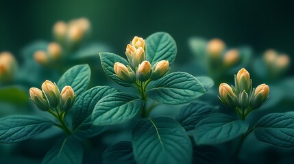 Delicate blossoms and leaves close up