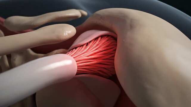 3D animation of the long head of the biceps brachii muscle and surrounding anatomy, with camera travel