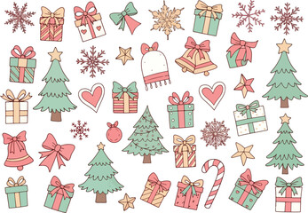 Seamless pattern of handdrawn pastelcolored Christmas and winter icons on a white background