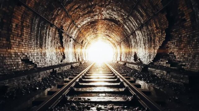 Dramatic perspective looking down a dark brick tunnel with train tracks toward bright light at end creating sense of journey