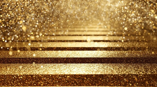 Golden Ascendancy: A close-up view presents gleaming gold steps, bathed in a celestial shimmer of sparkling particles, leading the eye upward to an atmosphere of boundless brilliance.