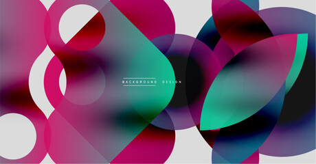 Abstract colorful shapes overlap creating dynamic visual effect. Modern design with gradients, smooth transitions, vibrant hues.