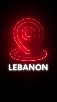 Red Neon Location Pin Icon with LEBANON Text on Black Background lebanon map marker