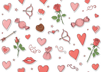 Seamless pattern of Valentines Day stickers with hearts roses and bows