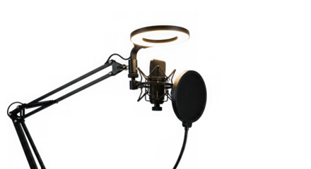 Professional Podcast Microphone with Ring Light and Pop Filter Isolated on Transparent Background