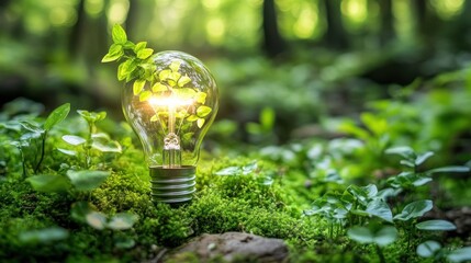 Green Energy Lightbulb with plant in forest