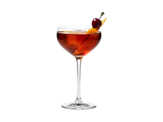 A cocktail glass filled with a red drink and garnish isolated on transparent background