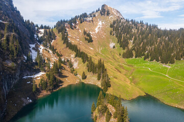 View of the Lake Hinterstocken at the foot of Stockhorn peak in Bernese Oberland, Switzerland
