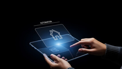 A person interacting with a futuristic augmented reality interface on a transparent tablet in a dark environment