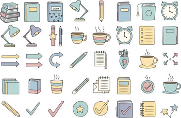 Seamless pattern of various study planning and office supplies with pastel colors