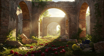 Fototapeta premium Abandoned archway surrounded by vibrant flowers and lush greenery in a serene environment viewed from a distance