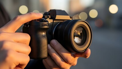 Fototapeta premium Close-up of hands holding a professional camera during golden hour